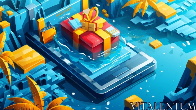 Colorful 3D Illustration of Smartphone with Gift Box AI Image
