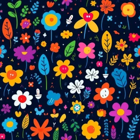 Colorful Flowers & Leaves Pattern on Dark Blue Background