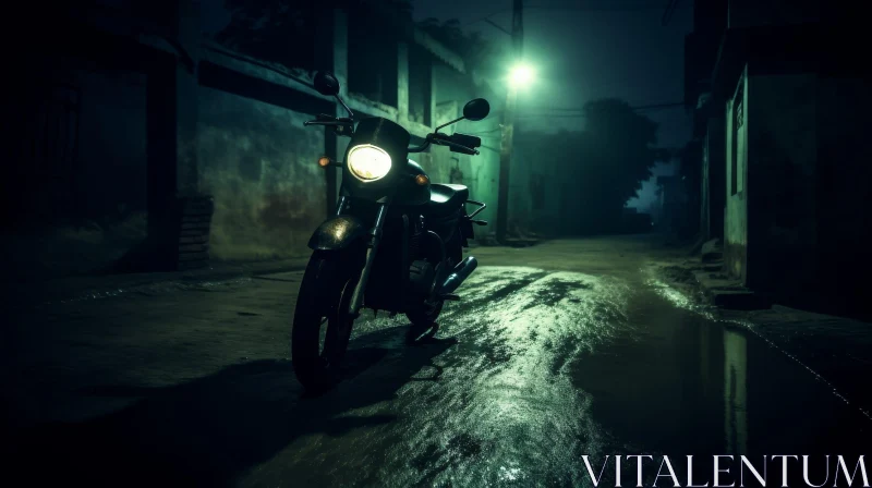 AI ART Dark Urban Scene: Black Motorcycle in Rainy Street