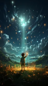 Enchanting Night Sky with Boy Holding Glowing Light