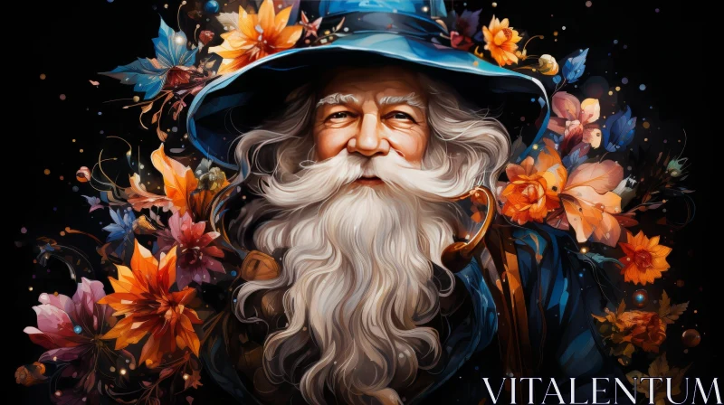 Enchanting Wizard Portrait Among Flowers and Stars AI Image