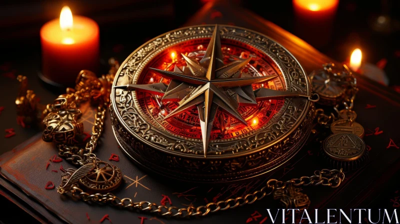 Enigmatic Metal Compass with Glowing Red Light AI Image