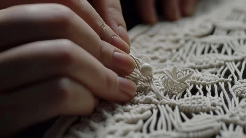 Exquisite Macrame Craftsmanship: Close-up of Hands Crafting with Pearl Bead