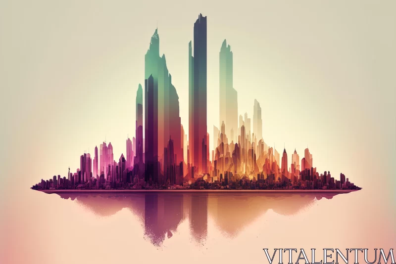 Multicolored Futuristic Retro City Reflecting in Water AI Image