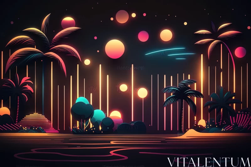 Neon Tropical Scene: Retrofuturistic Ambiance with Vibrant Lights AI Image