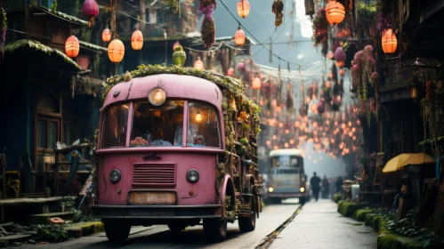 Pink Bus in Lantern-Lit Street: A Surrealistic Journey