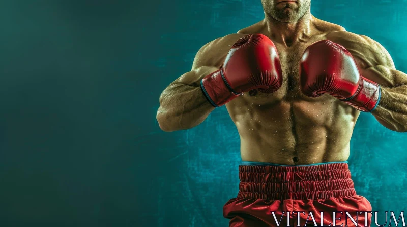 Powerful Male Boxer in Red Gloves and Shorts AI Image