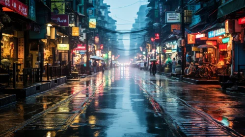 Rainy City Street Scene: Urban Reflections and Colorful Atmosphere