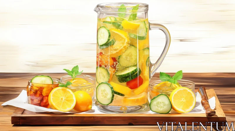 Refreshing Glass Pitcher with Lemon and Cucumber Slices on Wooden Tray AI Image