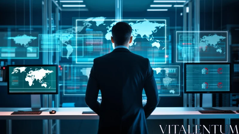 Serious Man in Suit Viewing Data on Large Screen AI Image