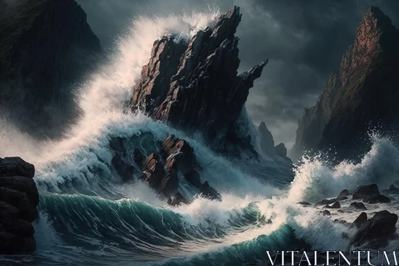 AI ART Stormy Ocean Waves Crashing Against Cliffs - Captivating Illustration