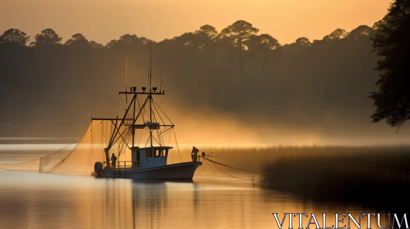AI ART Tranquil Sunrise: Fishing Boat on River