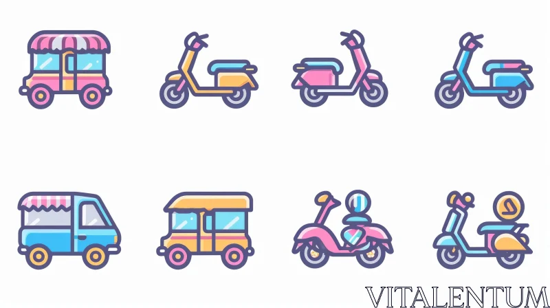 Vector Illustrations of Transportation: Scooter, Motorbike, Van, Bus, Rickshaw AI Image