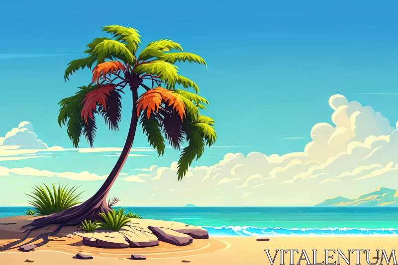Vibrant Palm Tree on Beach: Hyper-detailed Illustration AI Image