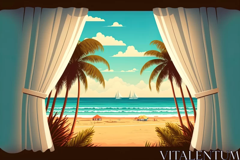 AI ART Vintage Beach Scene with Curtains and Palm Trees