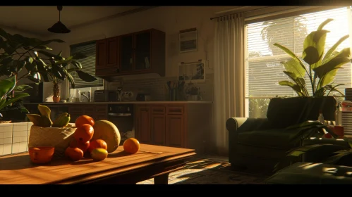Warm and Inviting Living Room | Natural Sunlight | Fruit Bowl | Green Sofa