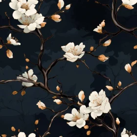 White and Gold Floral Seamless Pattern on Dark Blue Background