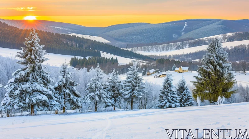 Winter Sunset Landscape with Snow-Covered Hills AI Image