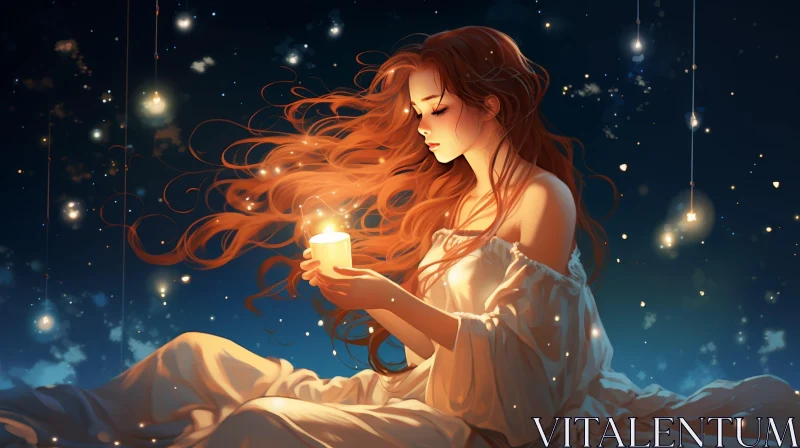 Young Woman Holding Candle in Peaceful Night Scene AI Image