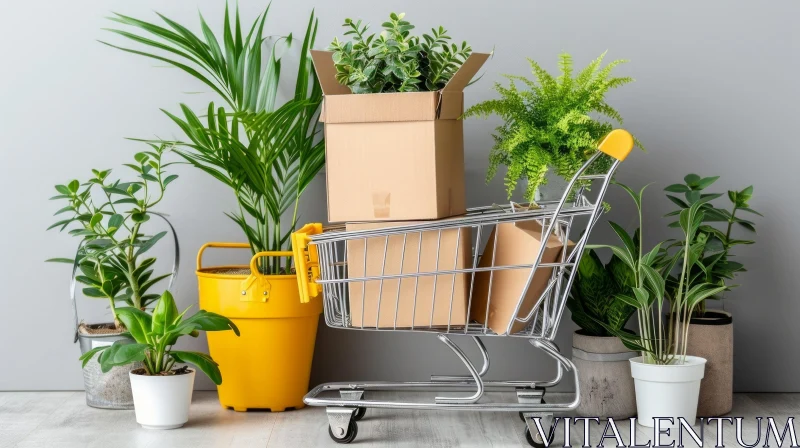 A Beautiful Shopping Cart Filled with Lush Plants AI Image