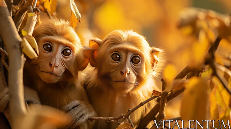 AI ART Adorable Monkey Babies on Tree Branch - Close-up View