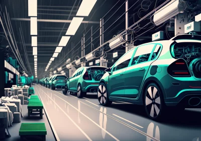 Car Assembly Line Art: Hyper-Detailed Rendering with Electric Color Schemes