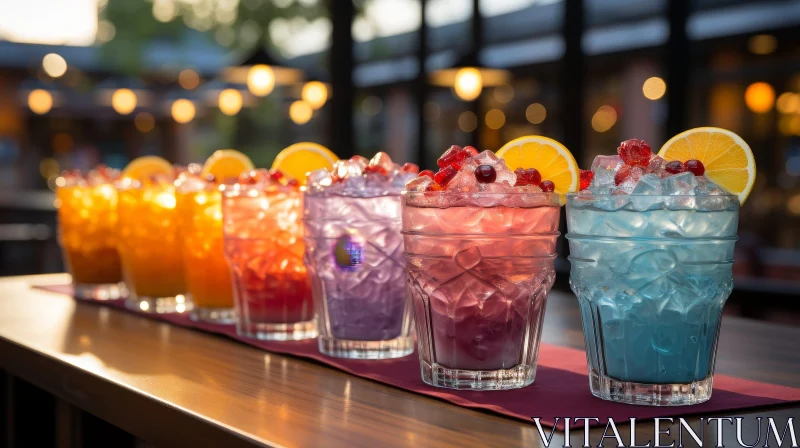 Colorful Cocktail Glasses on Wooden Bar Counter AI Image