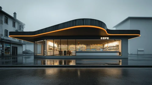 Contemporary Gas Station with Curved Roof and Glass Windows