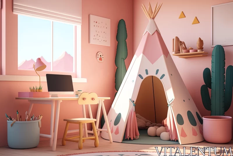 Cozy and Playful Child's Room with Teepee and Desktop AI Image