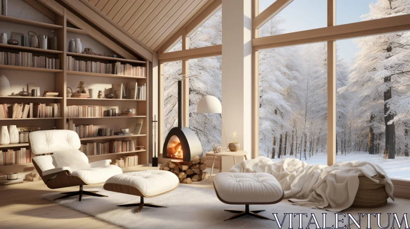 AI ART Cozy Living Room with Fireplace and Snowy Forest View