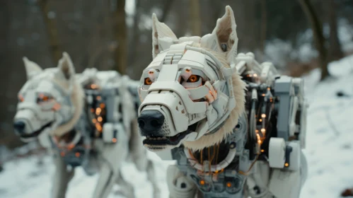 Cyberpunk Dystopia: Robot Dogs in Snowy Wilderness