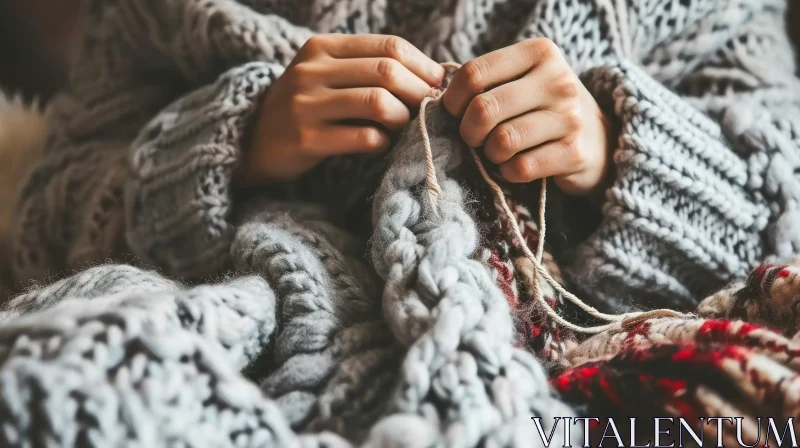 Elegant Knitting: Woman Creating a Cozy Gray Blanket AI Image