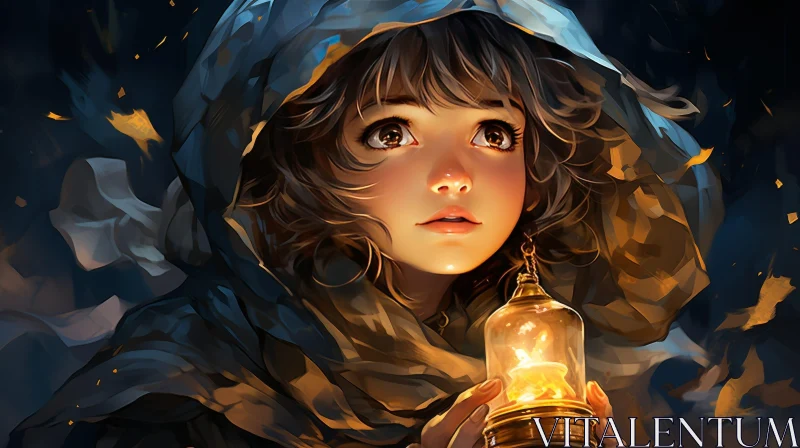 Enchanting Young Girl Portrait with Lantern in Fantasy Setting AI Image
