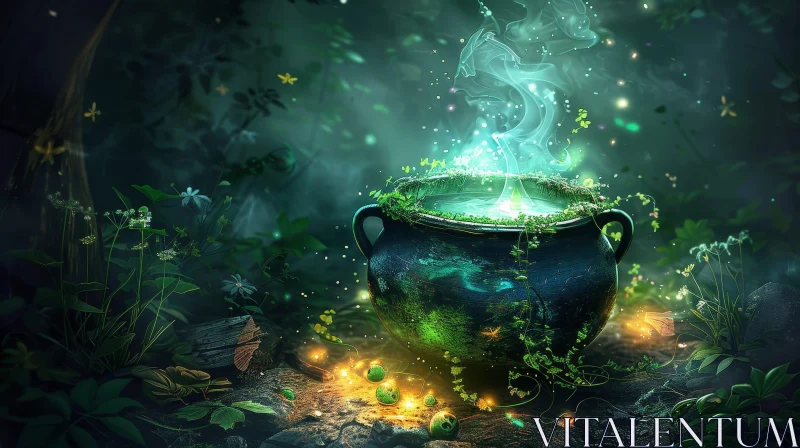 Enigmatic Witch's Cauldron in Forest AI Image