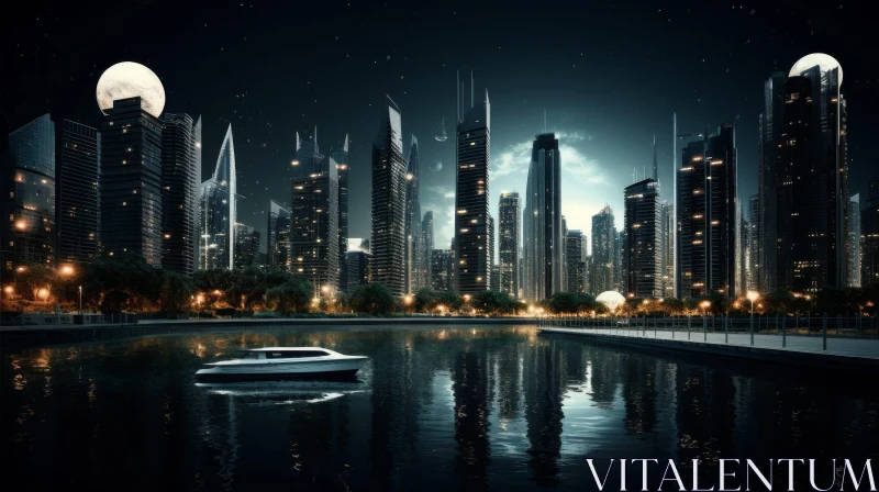 Futuristic Cityscape Night View with Stars and River AI Image