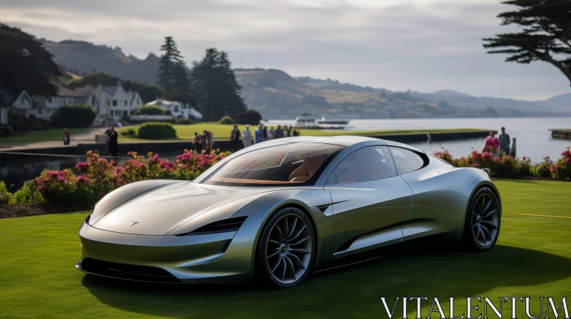 Futuristic Silver Tesla Roadster in Nature AI Image