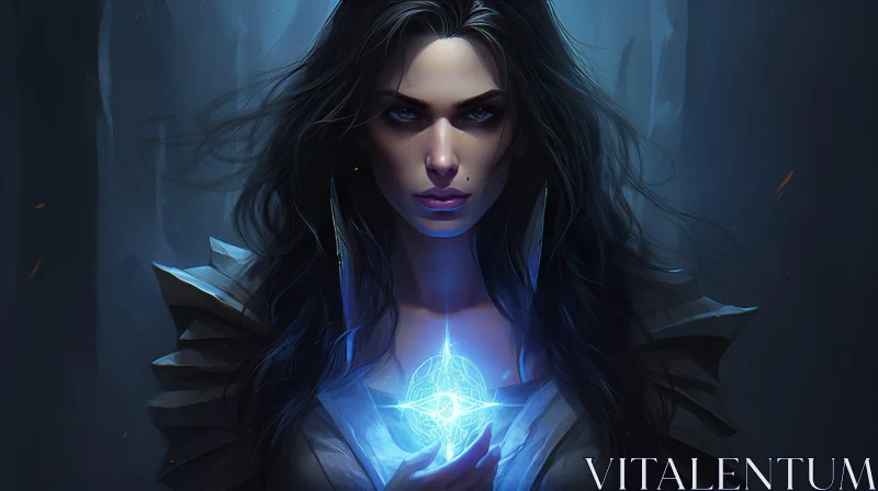 Intense Young Woman Portrait with Blue Crystal AI Image