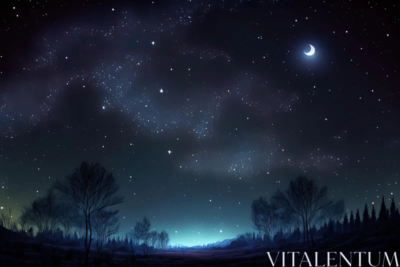 Moonlit Landscape with Stars: Realistic Fantasy Artwork AI Image