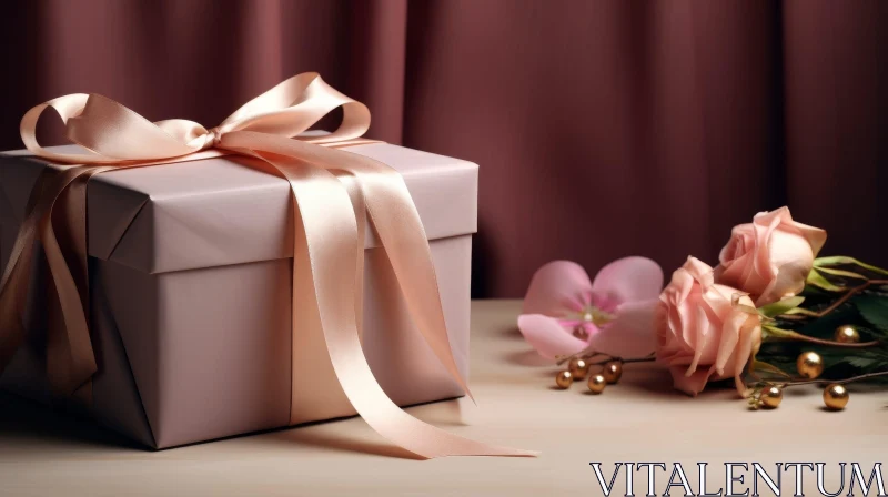 Pink Gift Box with Peach Ribbon Bow on Wooden Table AI Image