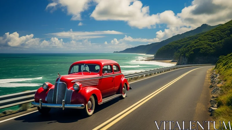 AI ART Red Retro Car Driving on Coastal Road - Scenic Ocean Drive