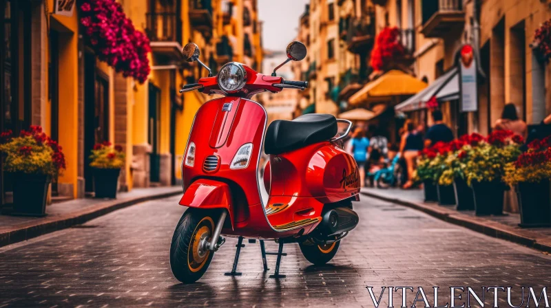 Red Vespa Scooter in Urban Setting AI Image