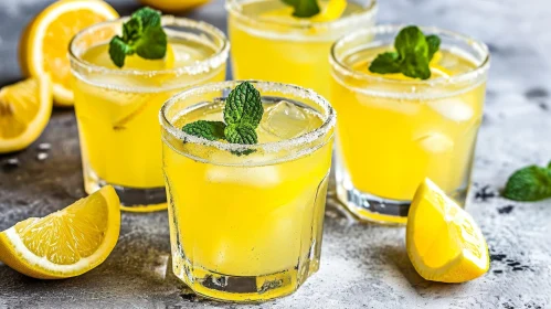 Refreshing Lemonade with Ice and Mint on Gray Background