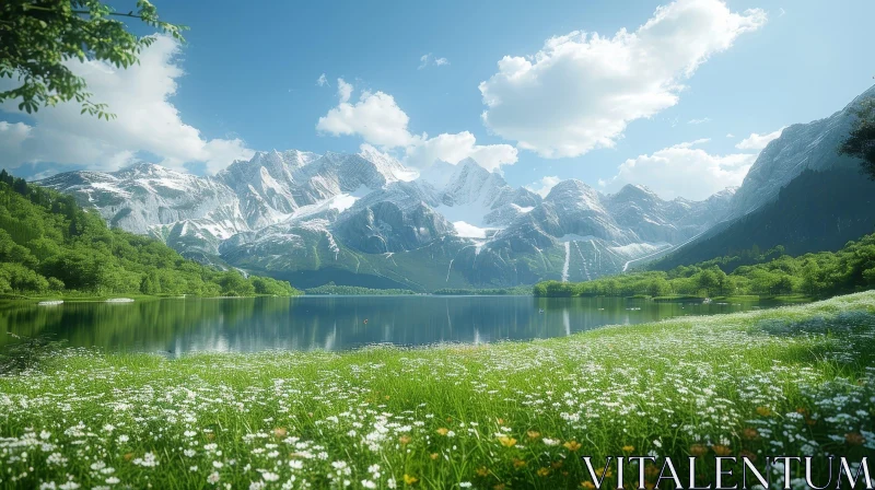Serene Mountain Lake Landscape in Summer AI Image