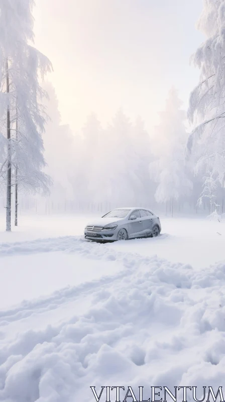 Silver Car in Snowy Forest: Winter Serenity AI Image