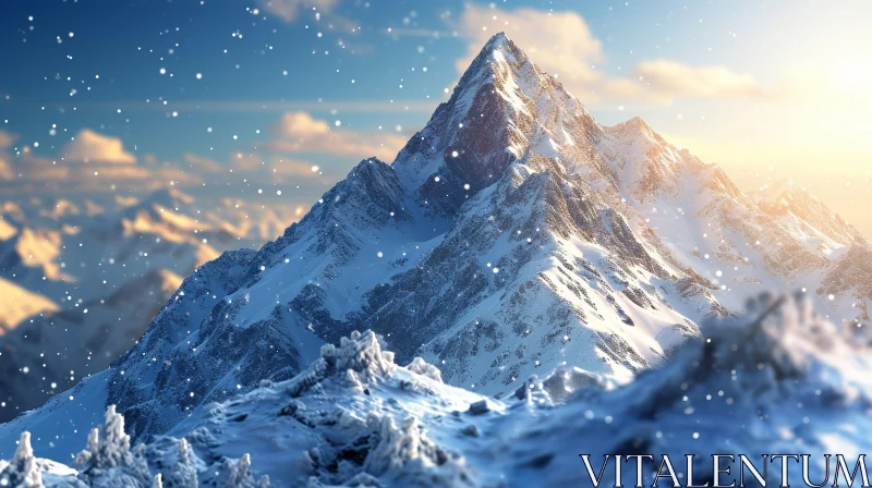 AI ART Snow-Capped Mountain Peak Bathed in Sunlight
