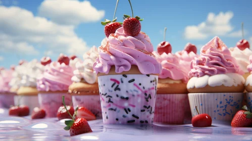 Sweet Cupcake with Pink Frosting and Strawberry Topping
