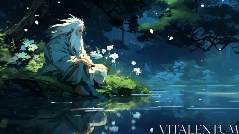 AI ART Tranquil Nature Scene with Wise Old Man by Lake