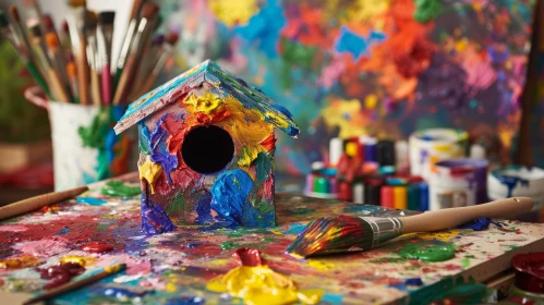 Vibrant Wooden Birdhouse on Colorful Painted Table