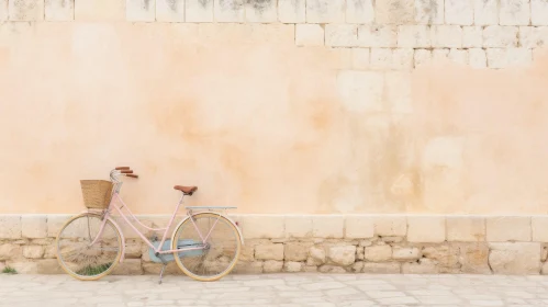 Vintage Pink Bicycle Leaning Against Stone Wall