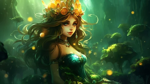 Woman Portrait in Green Dress and Crown in Forest